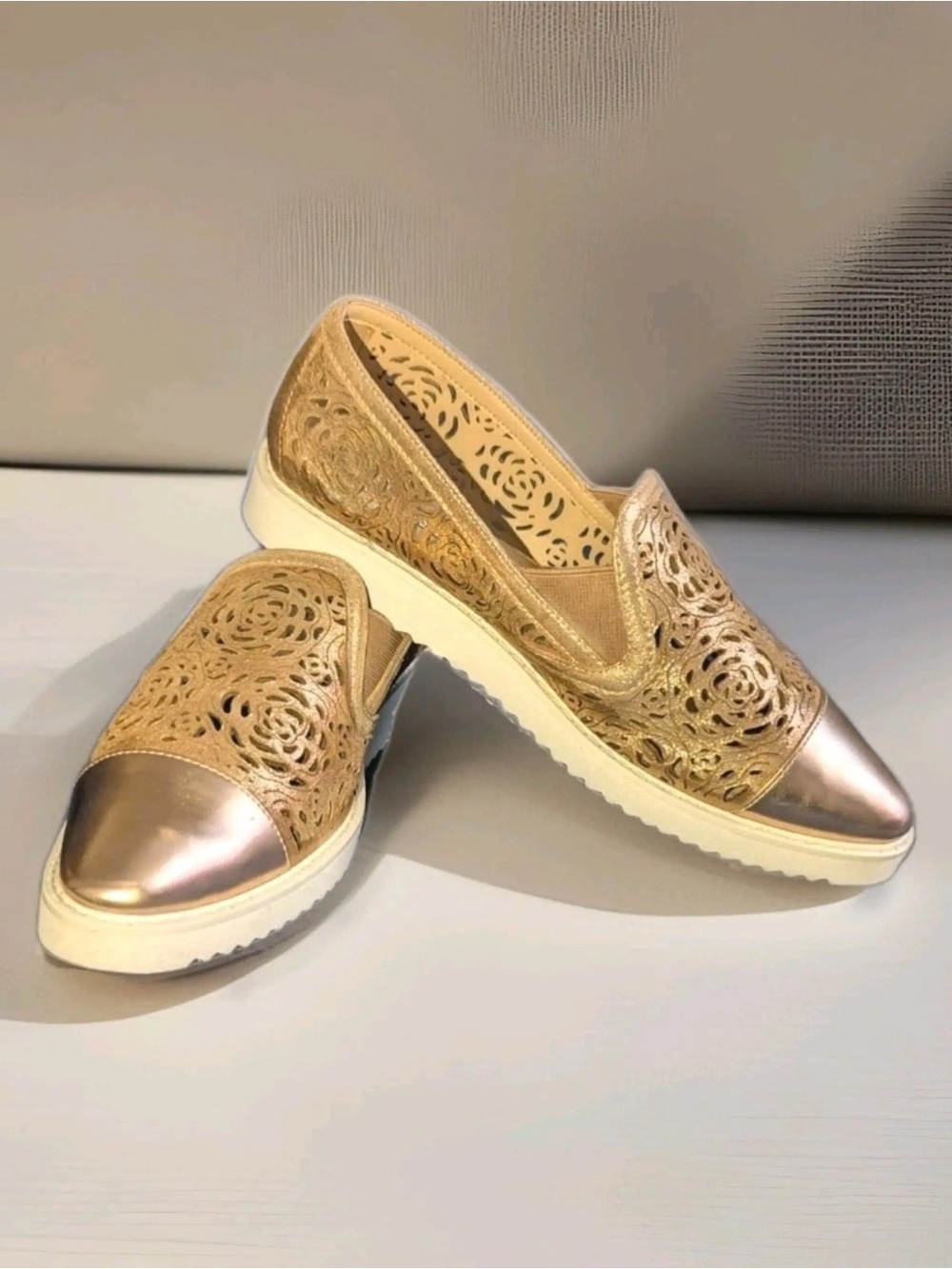 Women's Laser-Cut Metallic Cap-Toe Slip-On Sneakers - Gold